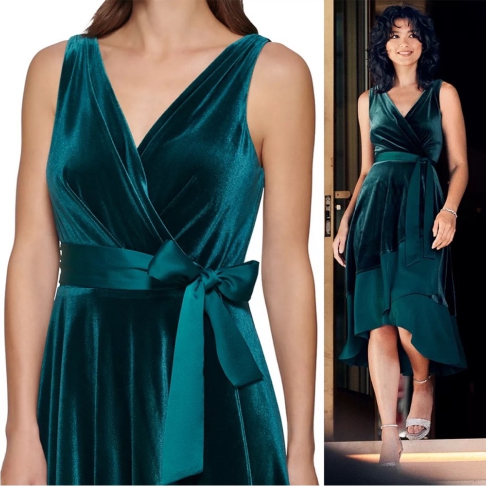 DKNY Velvet Mixed Media V Neck Fit & Flare Midi Dress Emerald Green Size 2